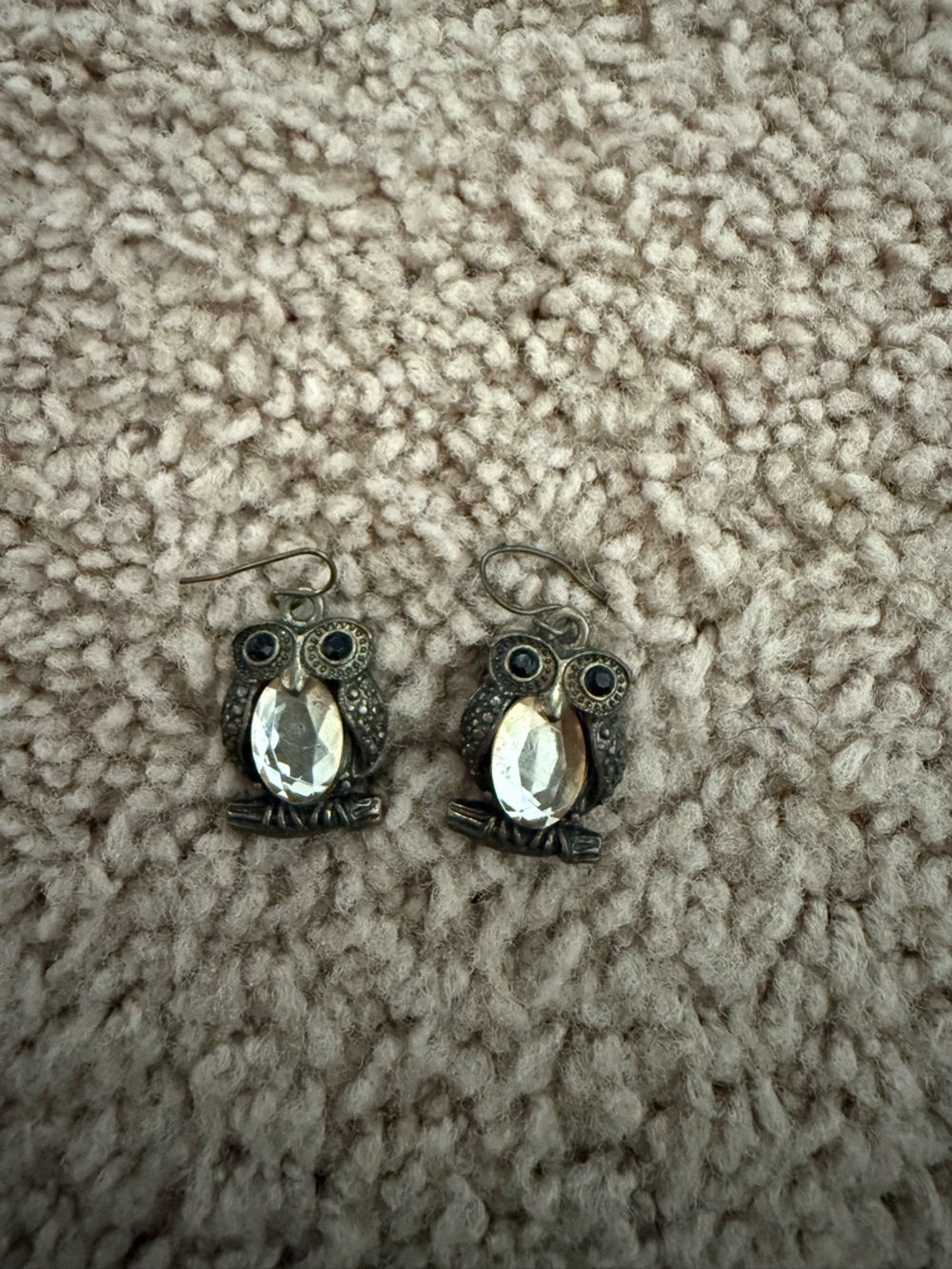 Antique-Style Crystal Owl Drop Earrings - Clear and Brass Tones